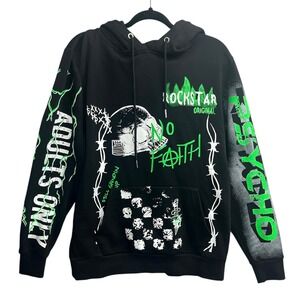 Rockstar Original Hoodie Mens Large Black Neon Green Graphic Psycho Demons Skull